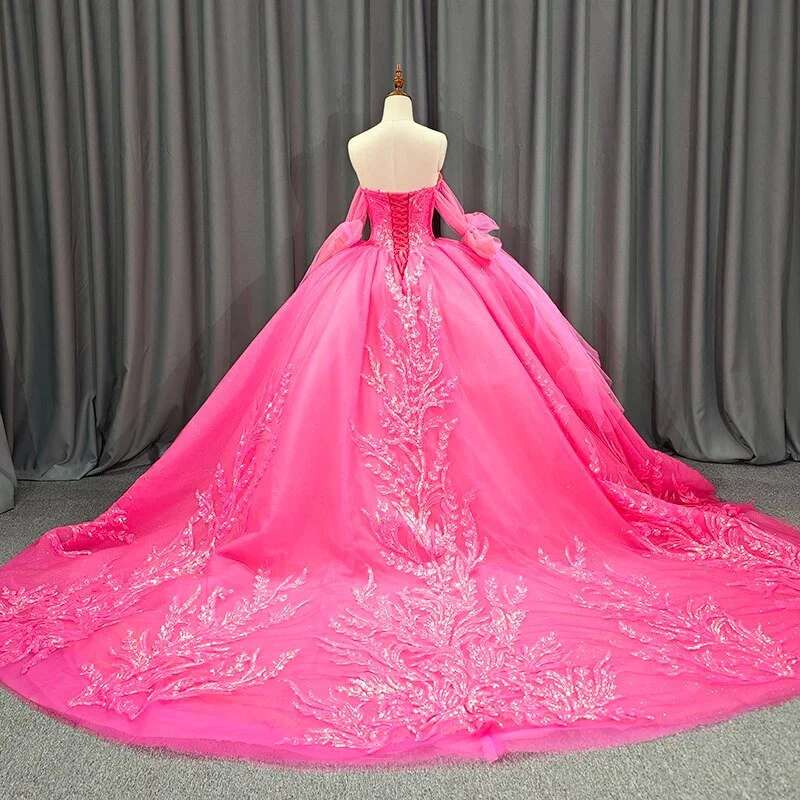 Lace Hot Pink Sequins Ball Gown Quinceañera Dress