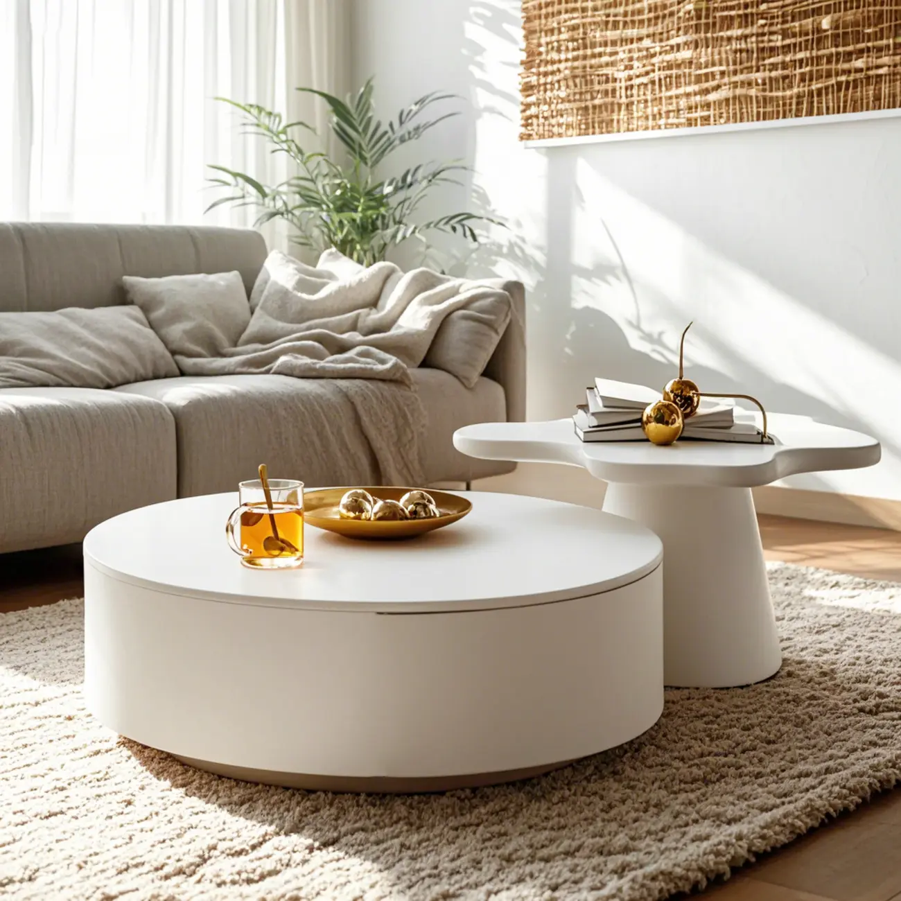 White Round Pedestal Modern Wood Drawer Coffee Table