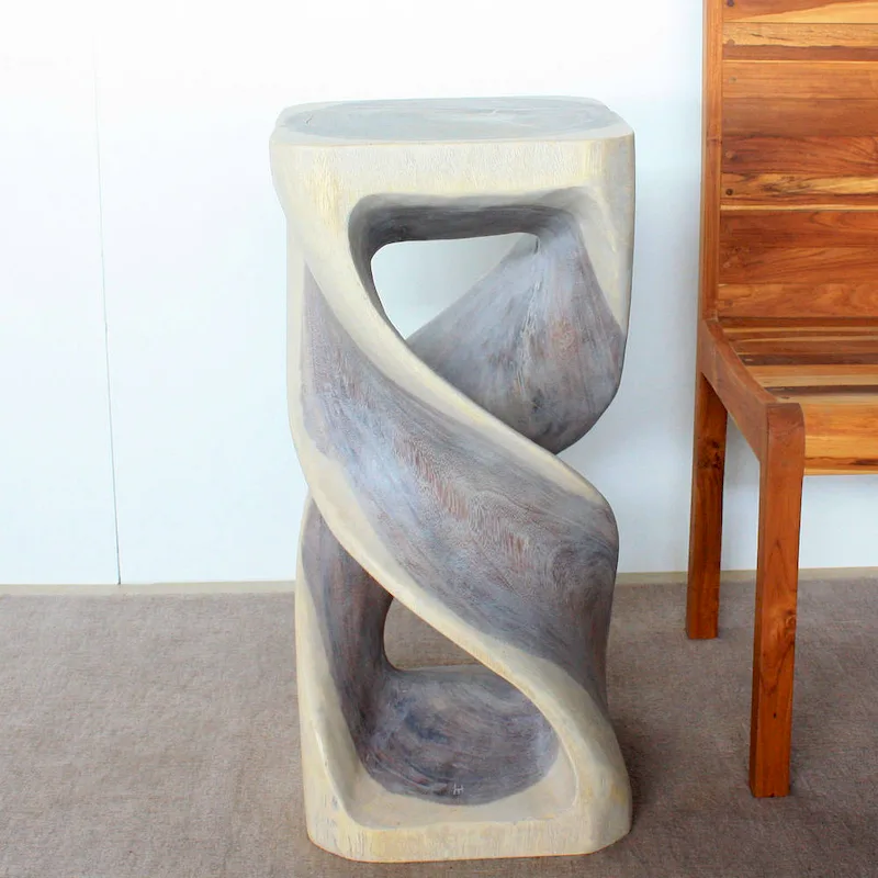 Wood Double Twist Stool Table 14 in SQ x 30 in H - Grey Oil Finish