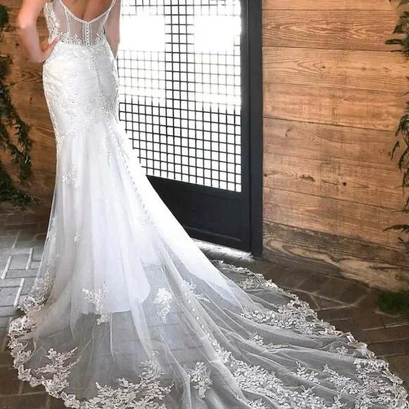 White Mermaid Long Bridal Dress with Appliques