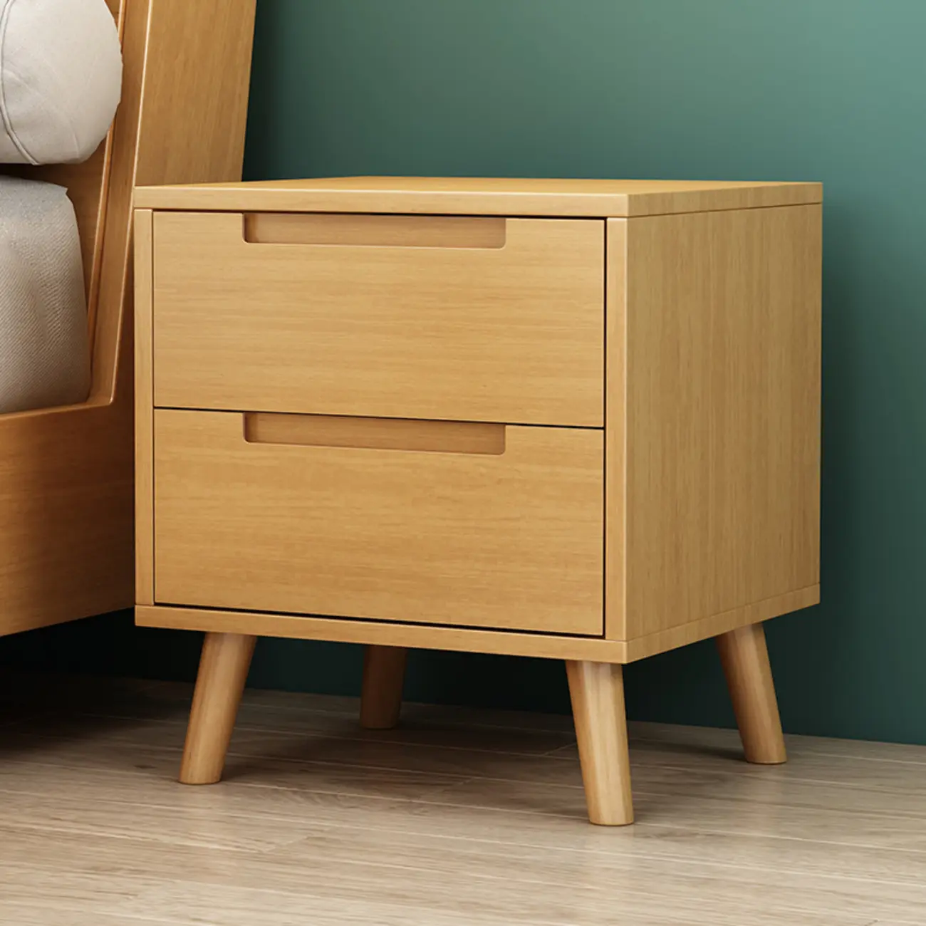 Narrow Solid Wood Bedside 2 Drawers Nightstand in Natural