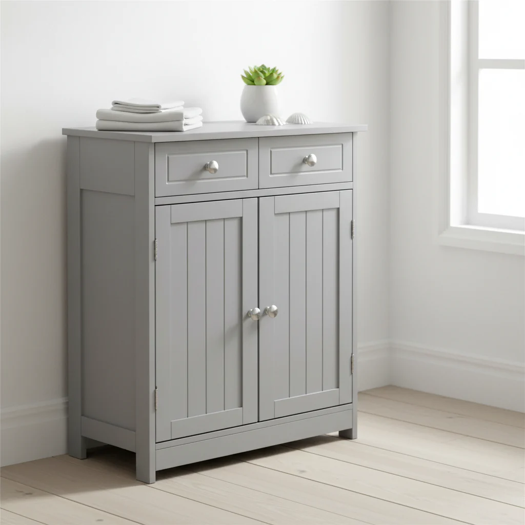 Wooden Bathroom Freestanding Floor Cabinet with 2 Doors, 2 Drawers and Adjustable Shelf