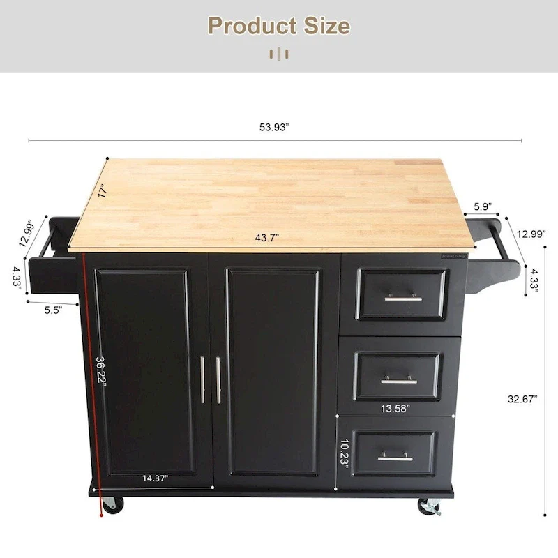 Mobile Kitehcn Island with Extensible Table Top and Adjustable Shelf