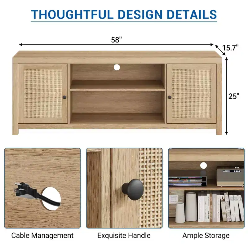 Farmhouse 66 TV Stand Entertainment Center, Modern Media Console with 2 Natural Rattan Doors & Height-Adjustable Shelves for Living Room, Bedroom