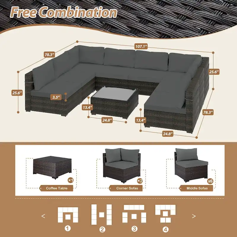 UPHA 9-piece Cushioned Wicker Patio Conversation Seating Set