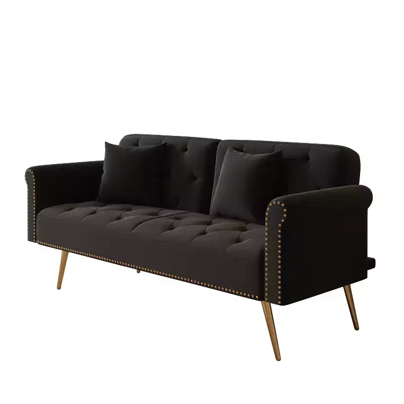 MAYEERTY Black Velvet Fabric Sofa Featuring Nail Head Trim and Accompanied By A Matching Throw Pillow