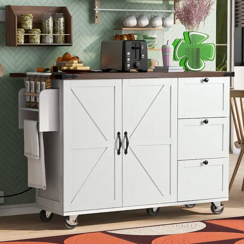 Wood Kitchen Island Cart on Wheels with Drop Leaf - 54.5W