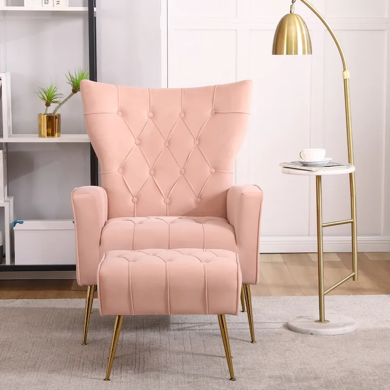 Upholstered Wingback Chair with Ottoman