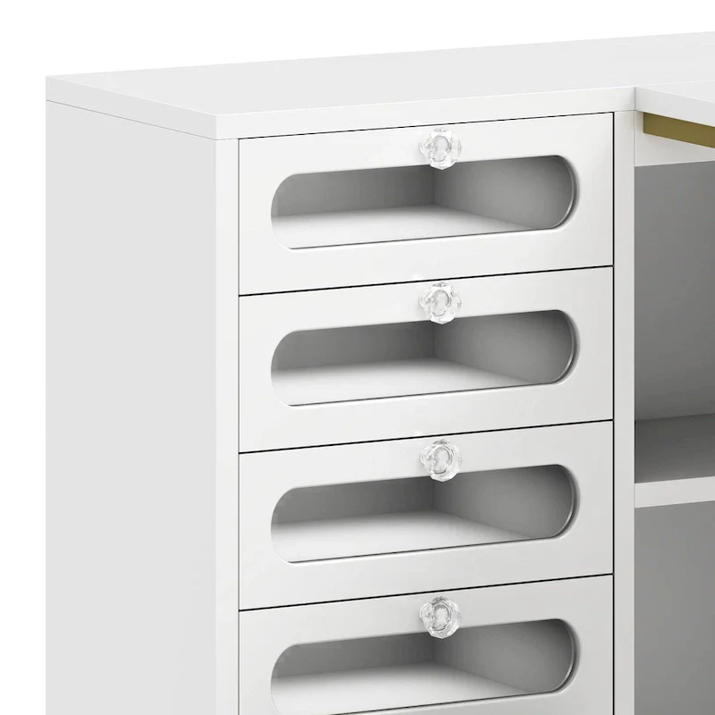 Moasis 5 Drawers L-Shape Nail Desk Set with Cushioned Stool and LED Light