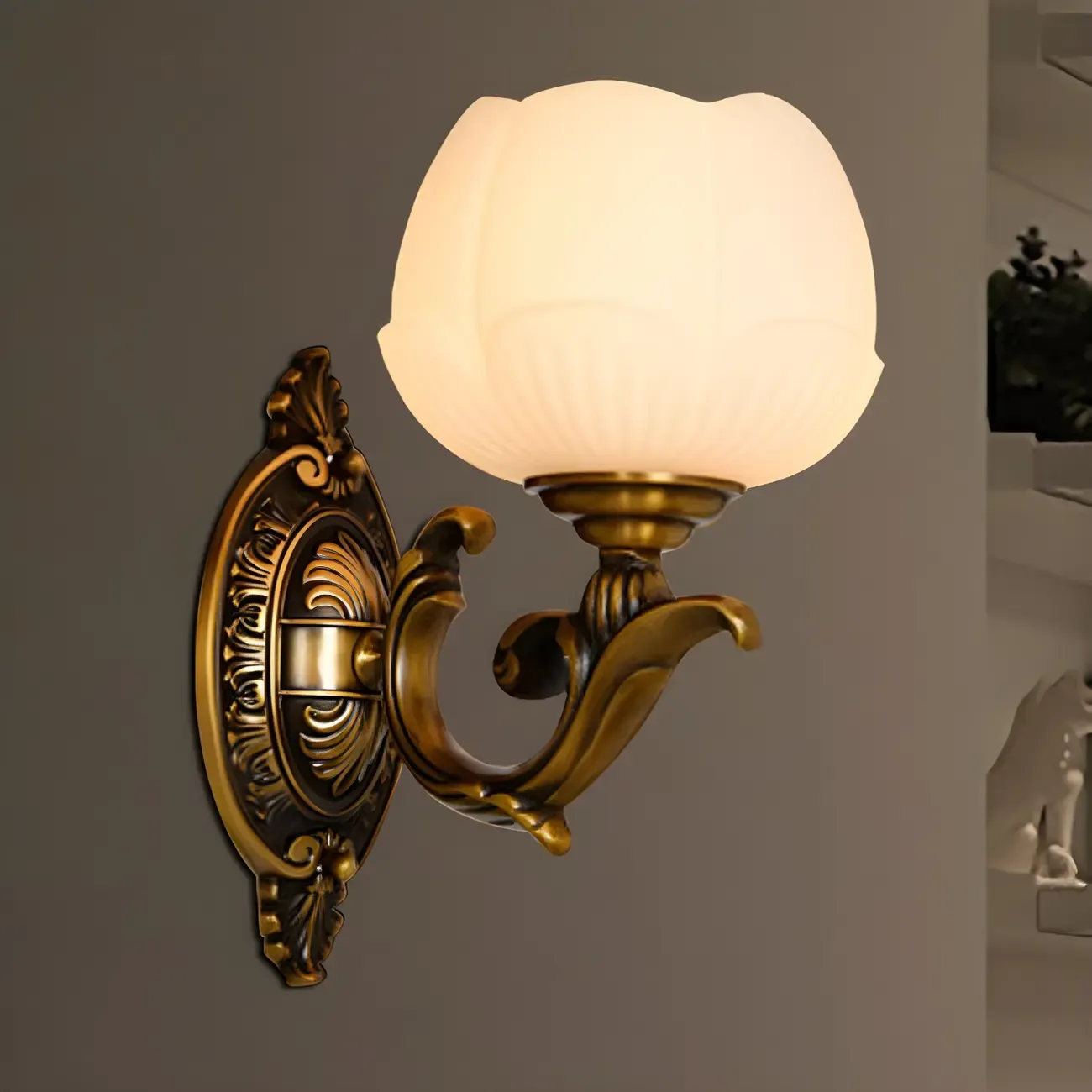 Vintage Brass Lotus Glass Shade Wall Sconce Light