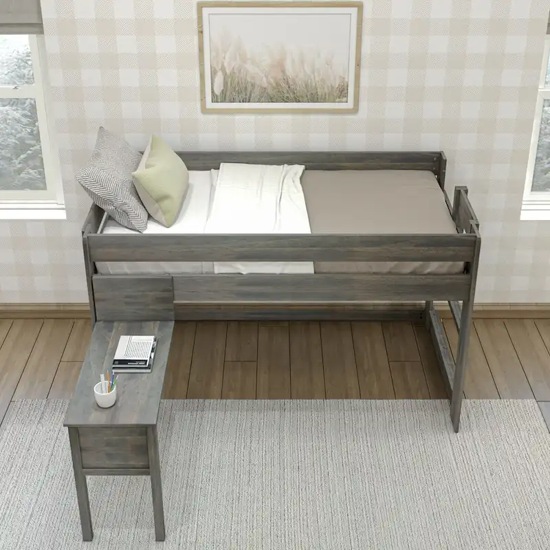 Modern Farmhouse Twin Low Loft Bed with Hook-On Desk – Solid Wood, 400 lb Capacity