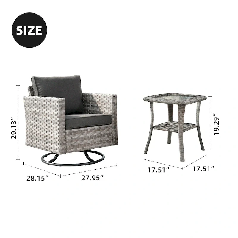 OVIOS Patio Wicker Swivel Rocking Chair 3-piece Set with Side Table