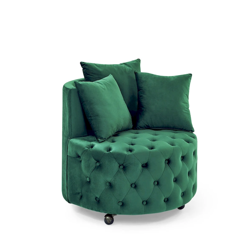 Living Room Velvet Swivel Chair with Button Tufted Design, 3 Pillows & Movable Wheels