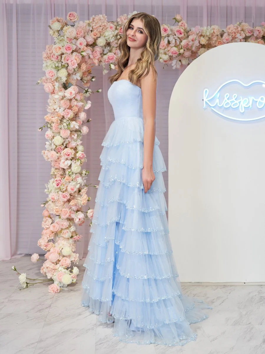 Sky Blue Strapless Layered Tulle Prom Dress with Sequins