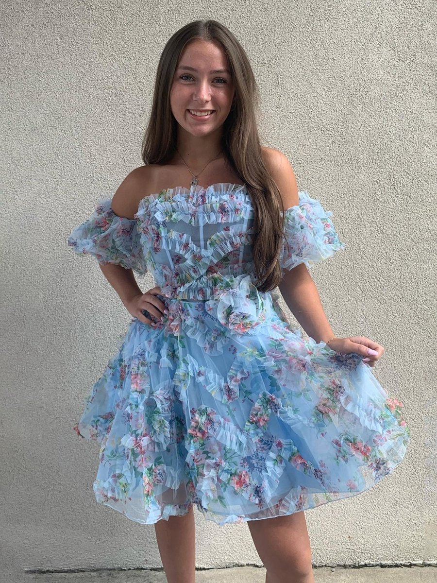 Blue - Off The Shoulder Floral Printed A Line Homecoming Dress With Ruffles