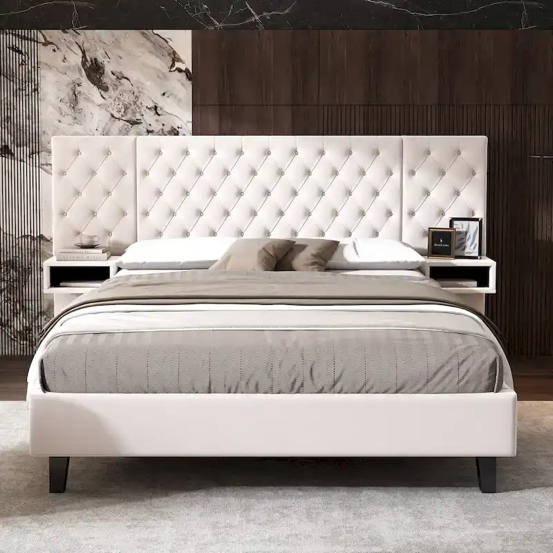 Velvet Upholstered Bed Frame Queen Size Button Tufted Bed