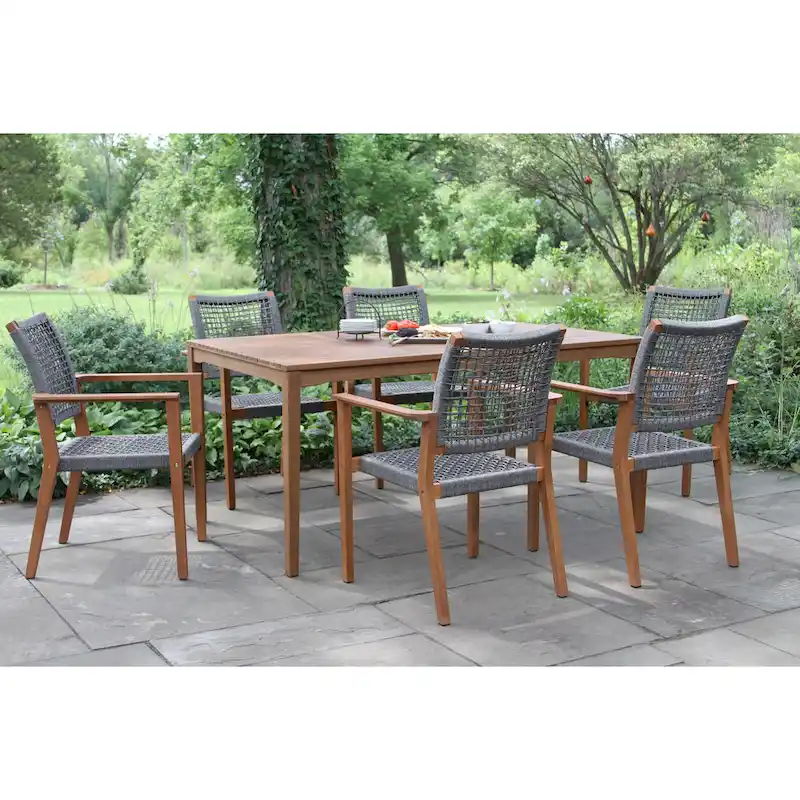 Eilaf 7-Piece Eucalyptus Dining Set With Stacking Rope Dining Chairs