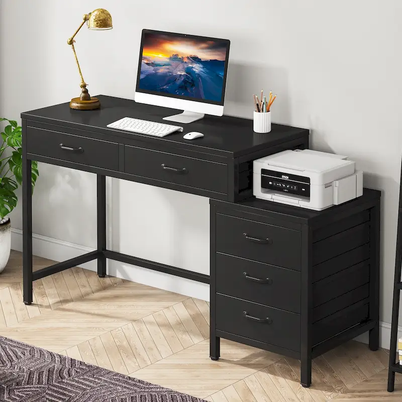 Reversible Computer Desk with 5 Drawers, Home Office Desk with File Cabinet Drawer Printer Stand