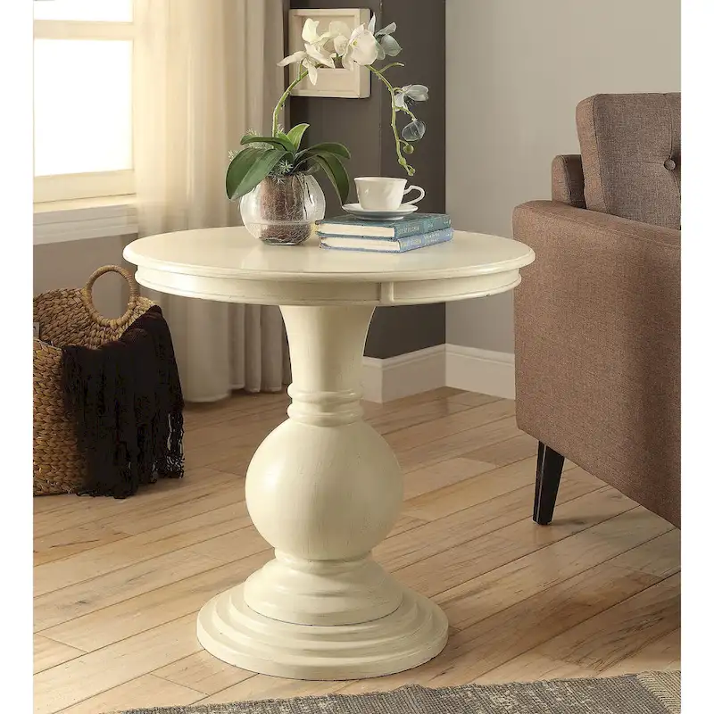 Antique White Round Wood Top Pedestal Side Table