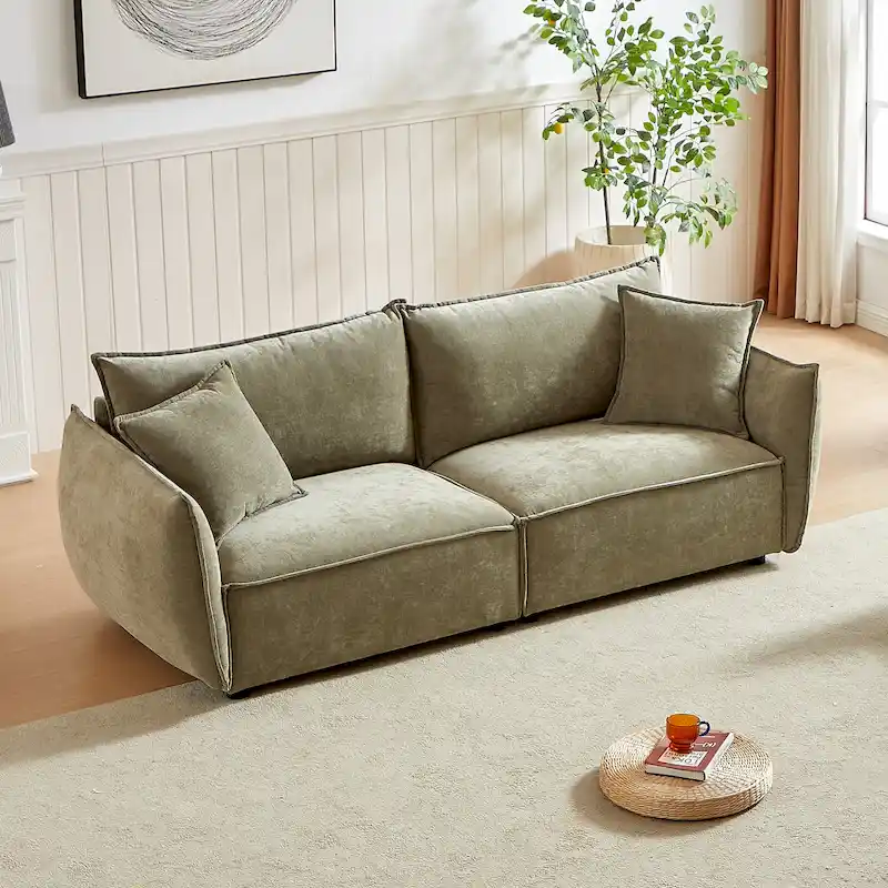 Light Green Chenille 3-Seater Sofa with Pillows