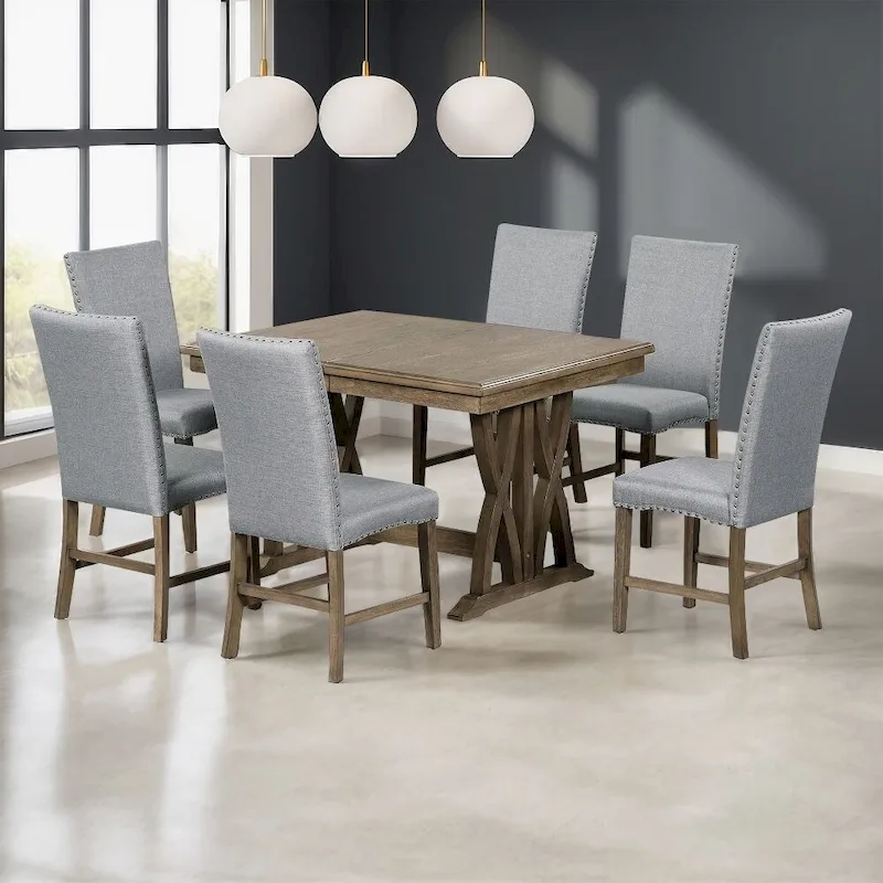 7-Piece Dining Table Set Extendable Kitchen Table Set with Upholstered Chairs,Grey