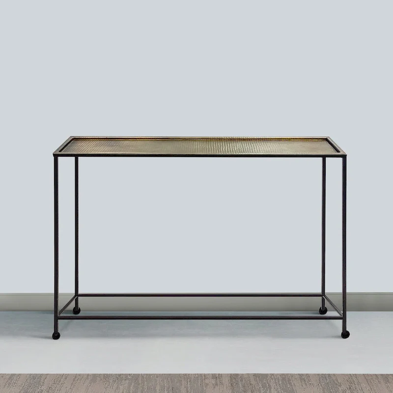 48 Inch Console Sofa Table with Hammered Antique Bronze Tray Top and Black Iron Frame