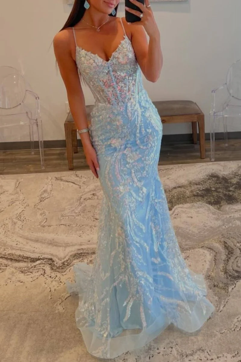 Straps Sky Blue V-Neck Sequin Appliques Mermaid Prom Dress