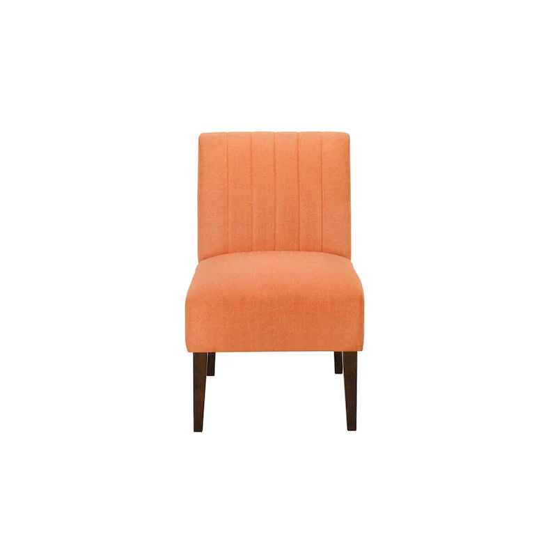 Paula 30 Inch Accent Chair, Orange Fabric, Channel Tufted Back, Brown Wood