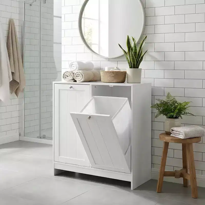 FurnitureR Slim Laundry Hamper Cabinet with Tilt-Out Basket and Storage Door, Narrow Bathroom Organizer with Removable Basket in White MDF