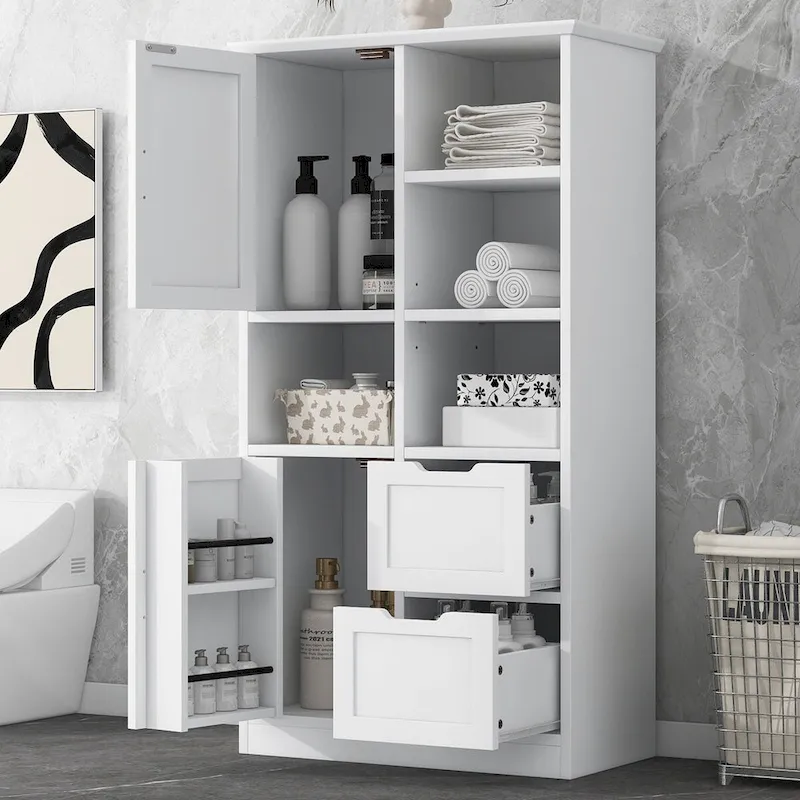 Bathroom Storage Cabinet with Doors and Drawers, Open Shelve, Adjustable Shelf