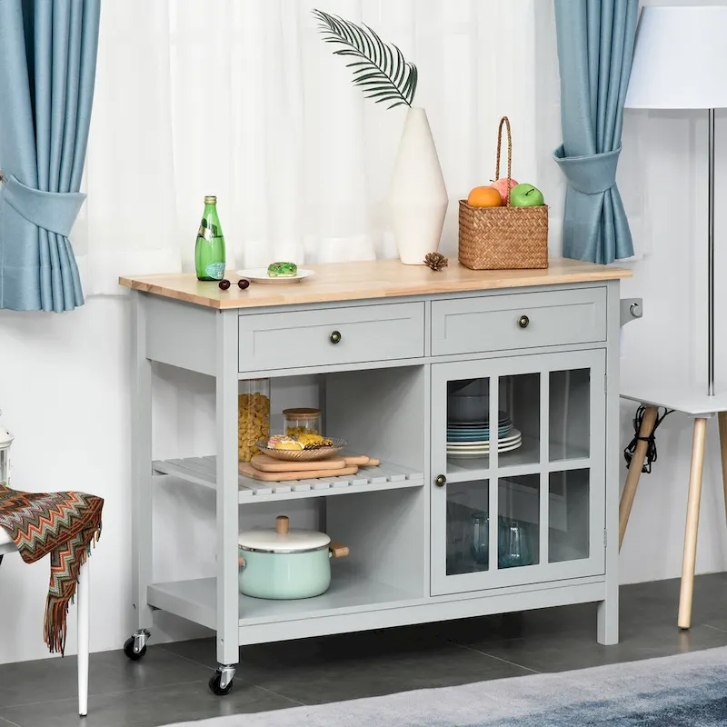 HOMCOM Kitchen Island Utility Storage Cart with Rubber Wood Top, Towel Rack, 2 Cabinets & Drawers for Dining Room