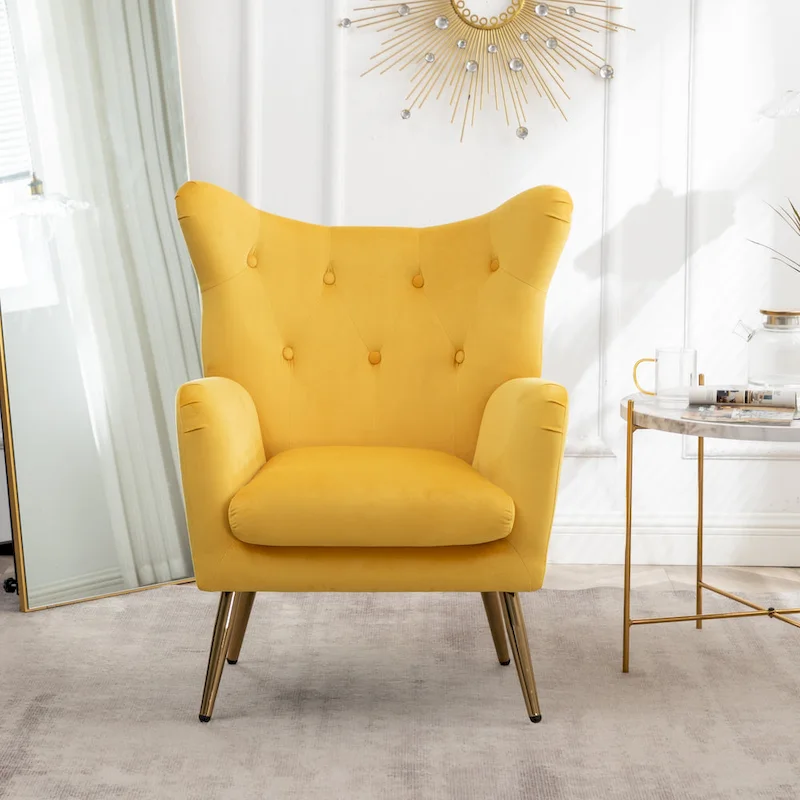 Yellow 30.25 Velvet Button Tufted Accent Chair with Gold Legs