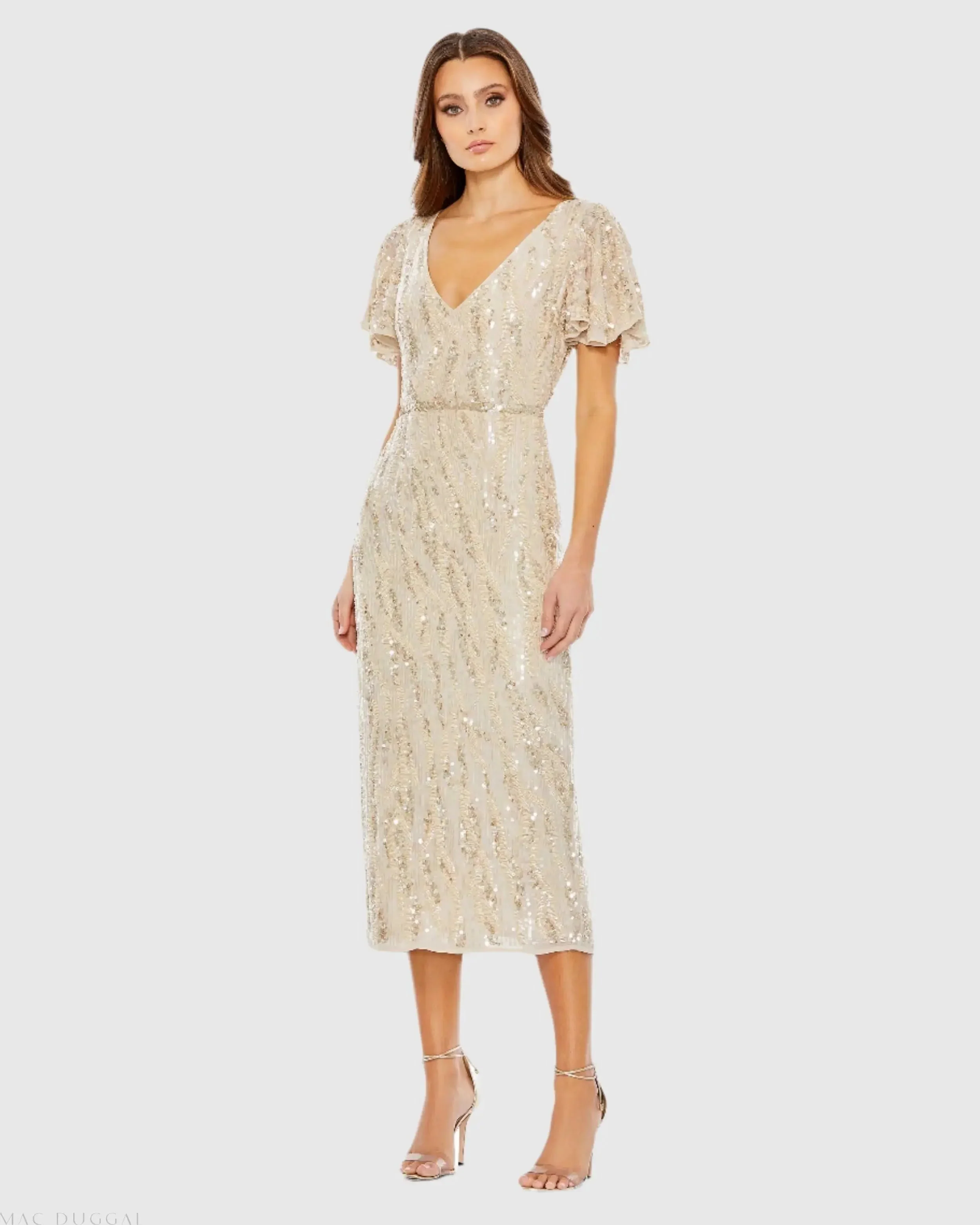 Sequined V Neck Flutter Sleeve Tea Length Dress