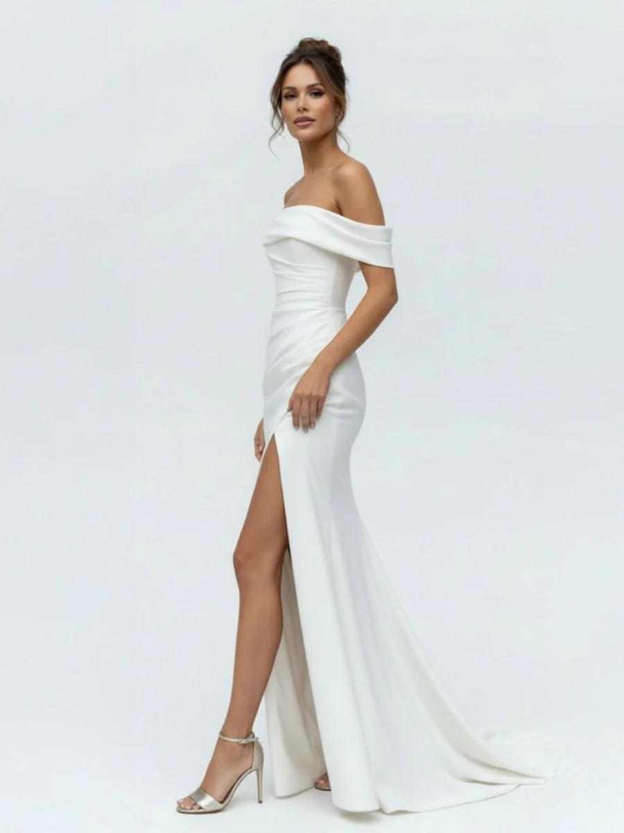 Mermaid Satin Off-the-Shoulder Sheath Wedding Dress with Zipper and Slit