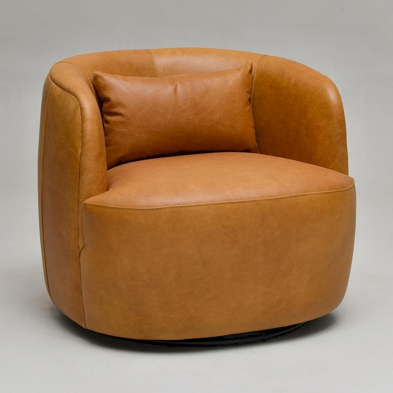 KINWELL Modern Top Grain Genuine Leather Swivel Armchair with Pillow