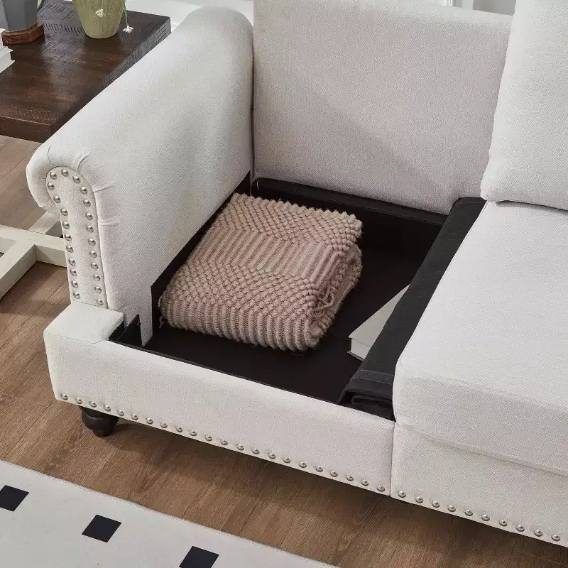 MAYEERTY Modern Sectional Sofa Classic Design with Nails Living Room 5 Seaters Upgolstered Polyester Beige