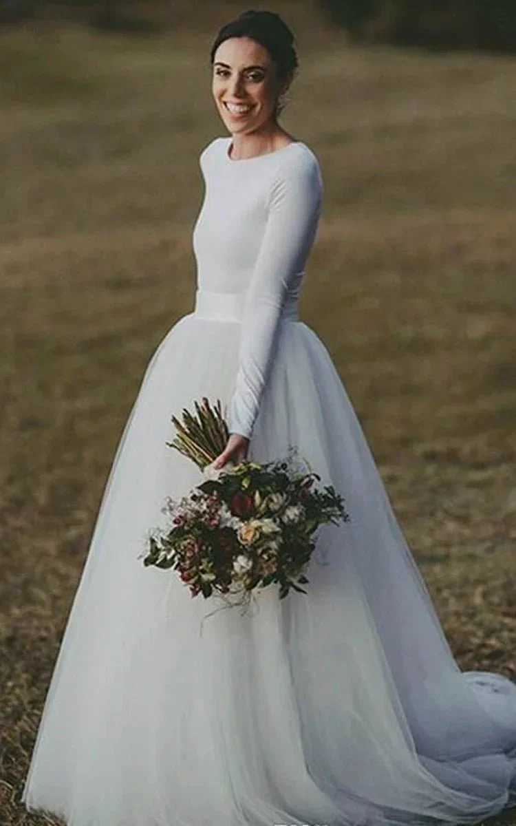 Elegant Long Sleeve Fitted Modest Jersey And Tulle Wedding Dress