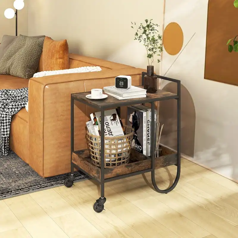 Rolling Buffet Serving Cart with Removable Metal Wire Wine Rack-Brown - 24 x 17 x 29 (L x W x H)