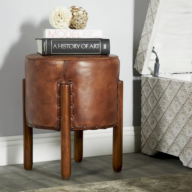Handmade Teak Wood Upholstered Leather Stool with Wood Legs – Brown