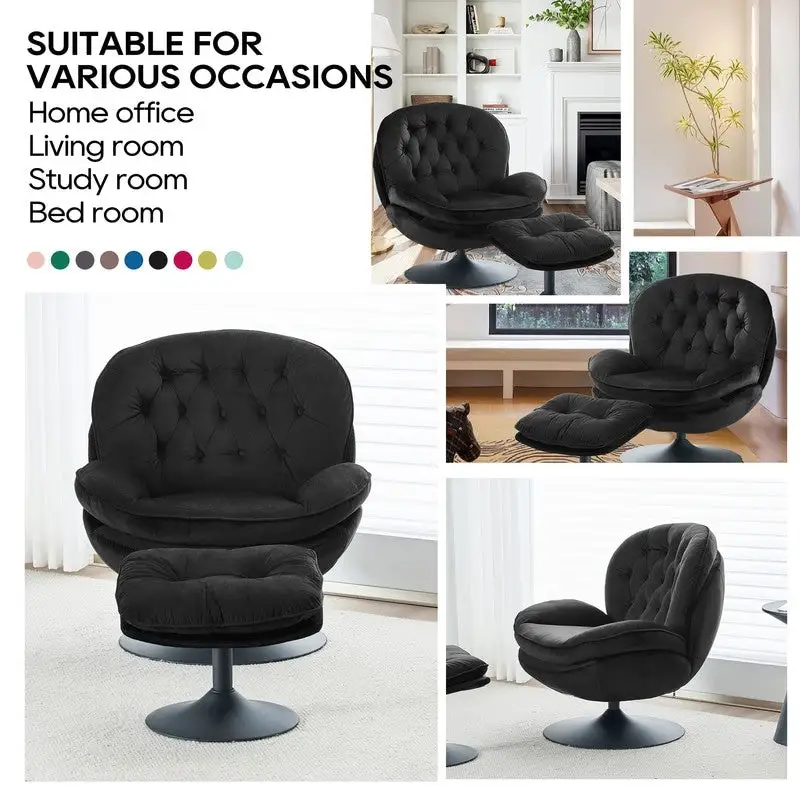 Velvet Swivel Accent Chair with Ottoman Round Reading Accent Chair Foot Stool Ottoman Set,360 Swivel,Metal Frame