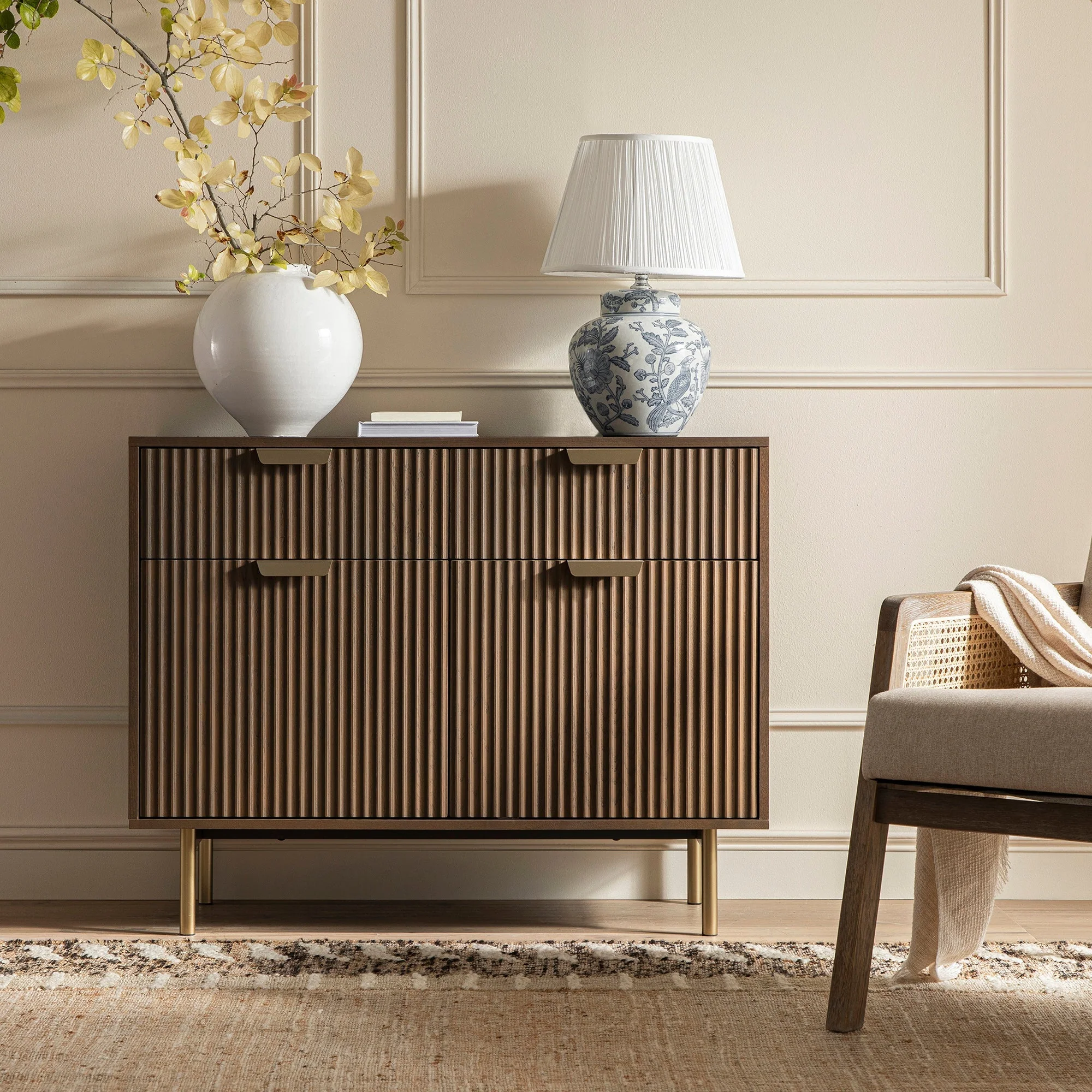 Ridged 2-Door Cabinet with Drawers, Dark Ash
