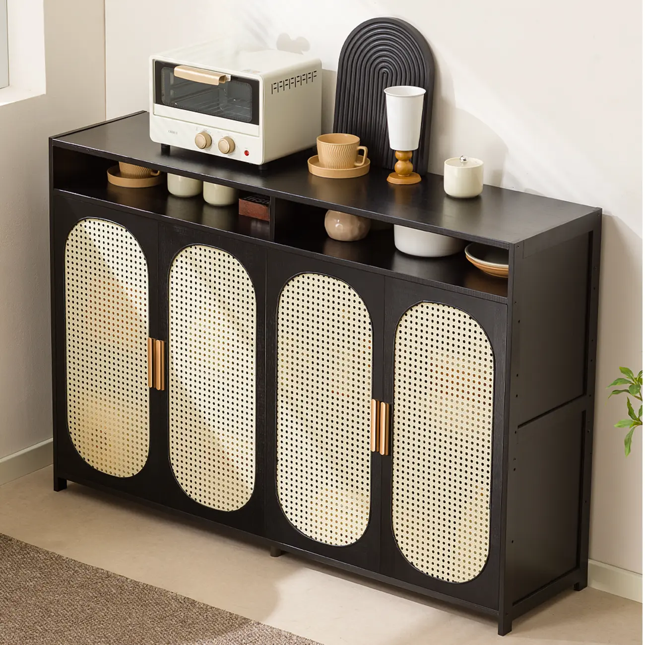 Narrow Rectangular Rattan Bamboo Sideboard with Open Shelf