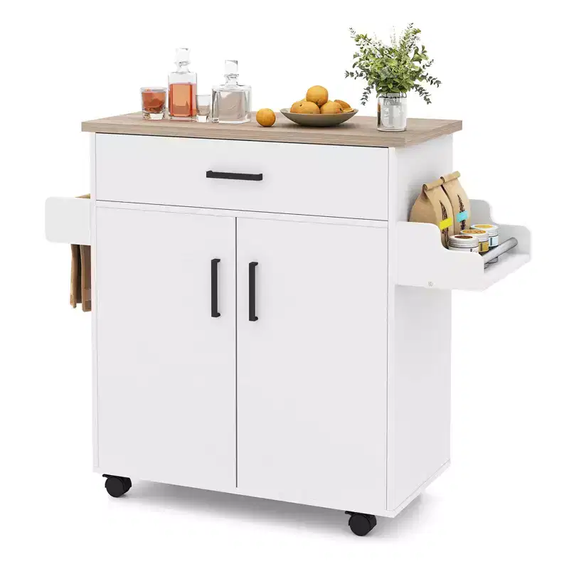 Costway Kitchen Island Cart with Drawer, 2 Doors, Spice Rack, Towel Bar, 2 Lockable Wheels White