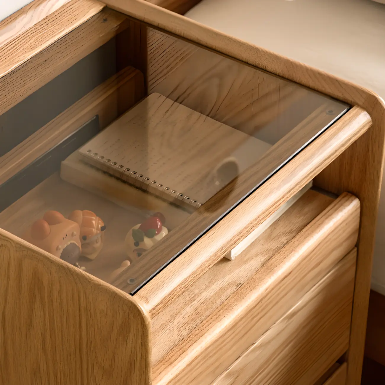 Natural Wooden Multi-Drawer Nightstand with Glass Top