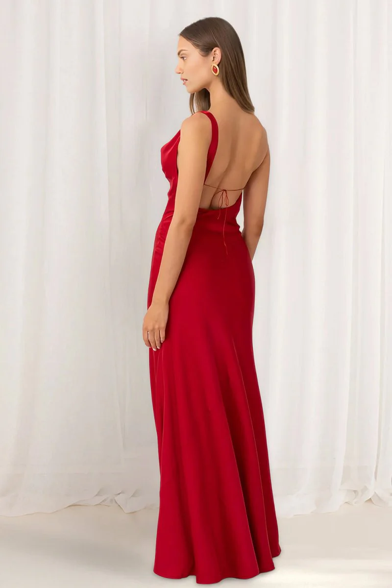 Red Cowl Neck Sleeveless Sheath Satin Backless Long Prom Dresses