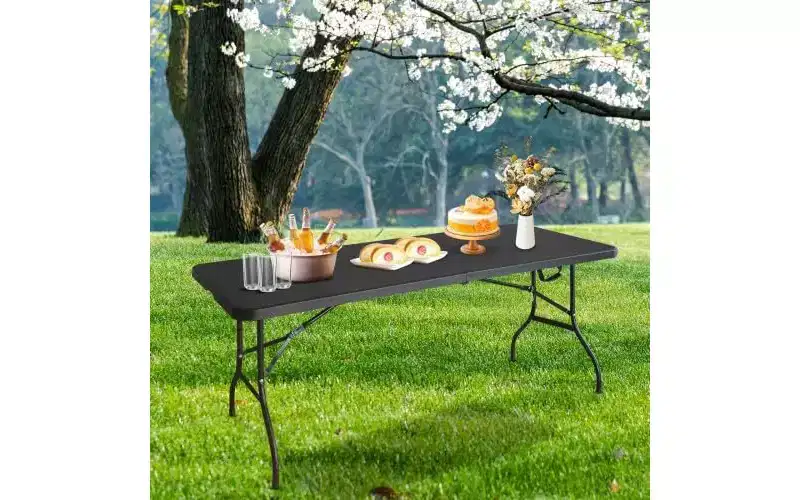 6 Ft Fold-in-Half Portable Folding Table with Carry Handle, Heavy-Duty Iron Legs, Rectangular Utility Table for Picnic, Party, Camping