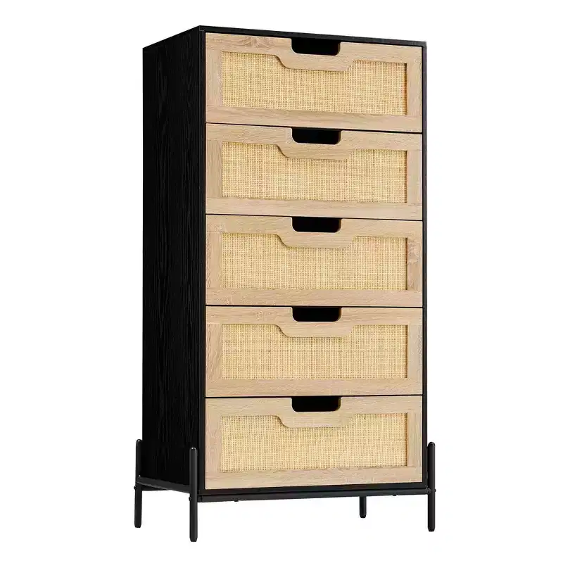 5 Drawer Dresser, Rattan Chest of Drawers, Wooden Dresser with Metal Legs, Mid Century Modern Tall Drawer Dresser for Bedroom, Living Room, Entrance