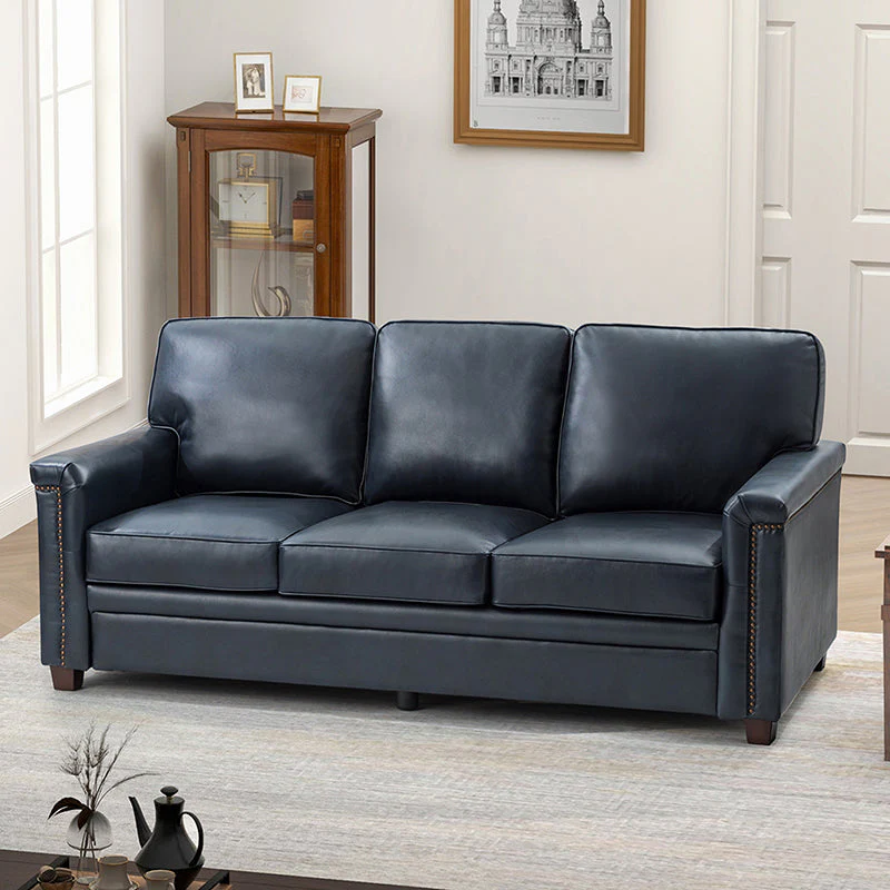77 in Top-Layer Leather 3-Seat Sofa with Square Arms, Foam Fill & Walnut Rubberwood Legs | Brown / Black / Navy / Camel / Turquoise | 3-Seater