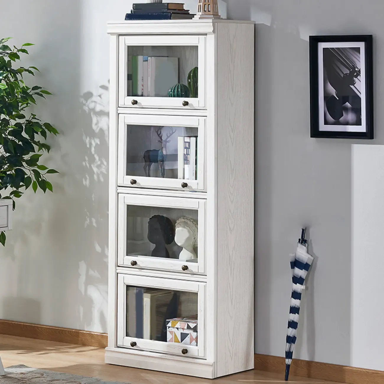 Modern White Poplar Wood Flip-Up Glass Paned Storage Chest