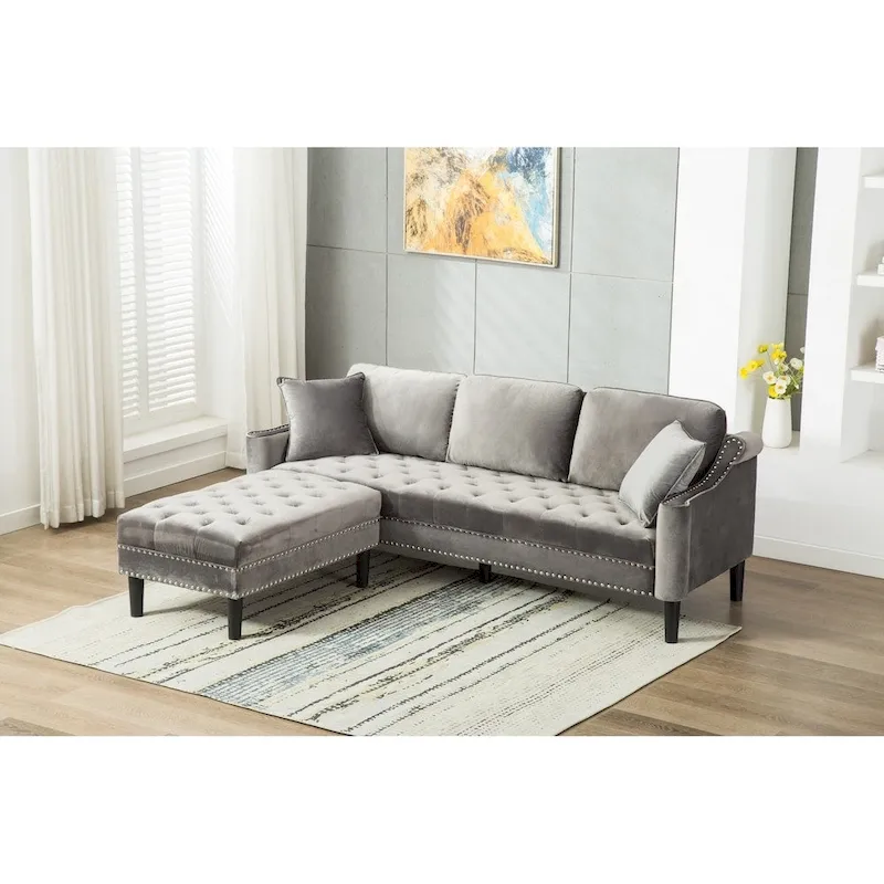 Modern Tufted Fabric Upholstered Sofa with Ottoman